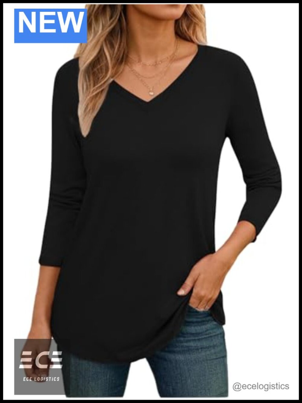 Ryaiwi 3/4 Length Sleeve Womens V Neck Loose Fit Casual Basic Tops Blouses